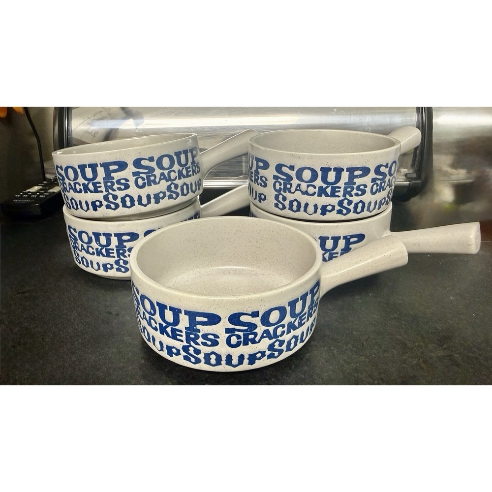 5-Vintage Stackable 1970s Apex Stoneware Soup and Crackers Handled Bowls